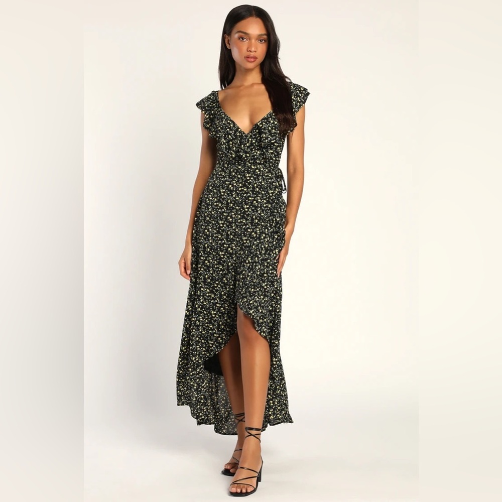Black Floral Print Ruffled Wrap High-Low Dress